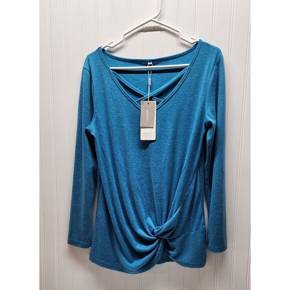 NWT- Niashot Criss-Cross V-Neck Long Sleeve Drape Top - Blue Small - Picture 1 of 13